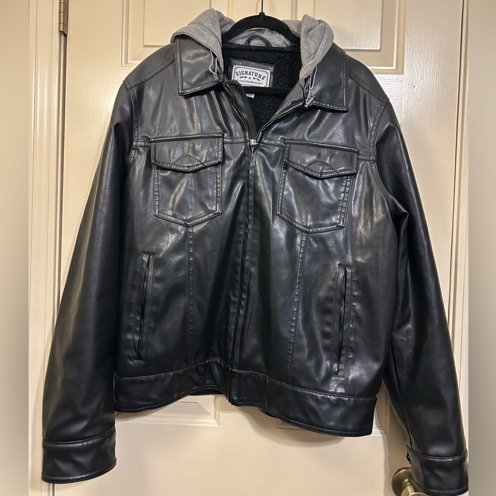 Levi Strauss & Co Signature Men's Black Faux Leather Hooded Insulated Jacket